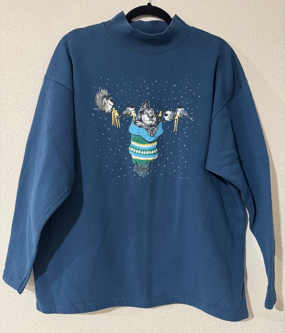 Vintage 90s Cherokee Morning Sun 1995 Navy Cat Winter Stocking Sweatshirt 2X USA